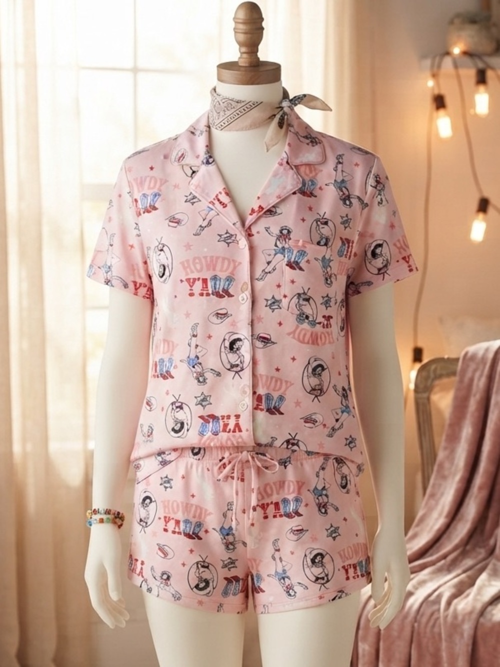 Way to Celebrate! Patriotic Cowgirl Pink 'Howdy' Short Pajama Set size Small 4-6